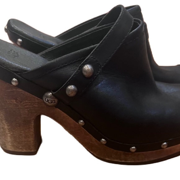 Ugg Clogs Leather Wooden Heels Jolene Stud Size 9 Shearling Sliver - Picture 13 of 13